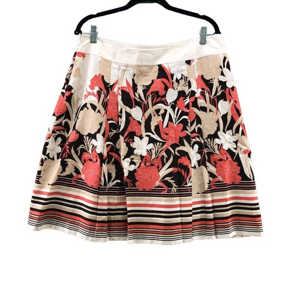 Ann Taylor Floral Skirt 14P A-Line Pleated Coral Beige Cotton Lightweight - Picture 2 of 10